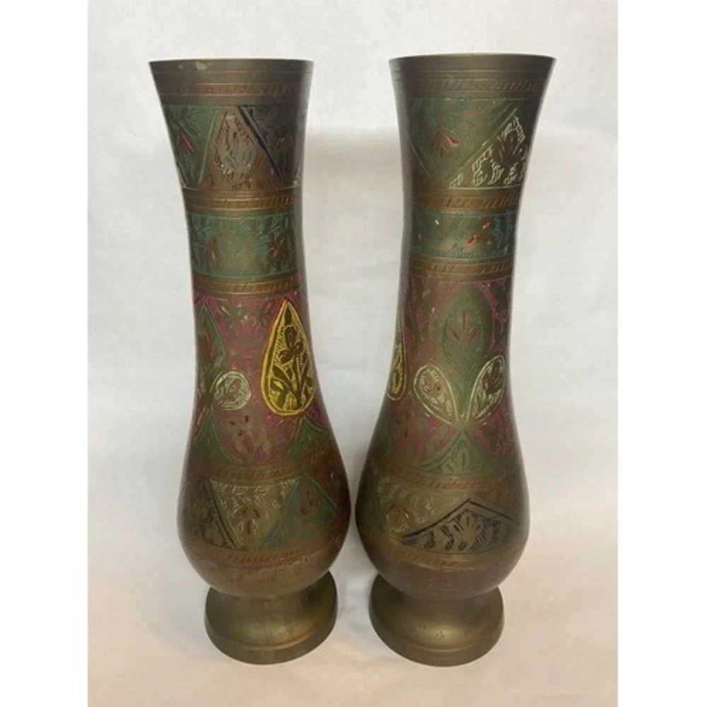 Vintage Set of 2 Brass Hand Etched Multicolored Flower Bud Vases 12